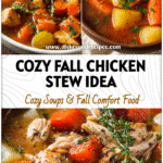 A bowl of hearty chicken and vegetable stew with carrots and herbs, a healthy fall crock pot recipe for cozy slow cooker meals.